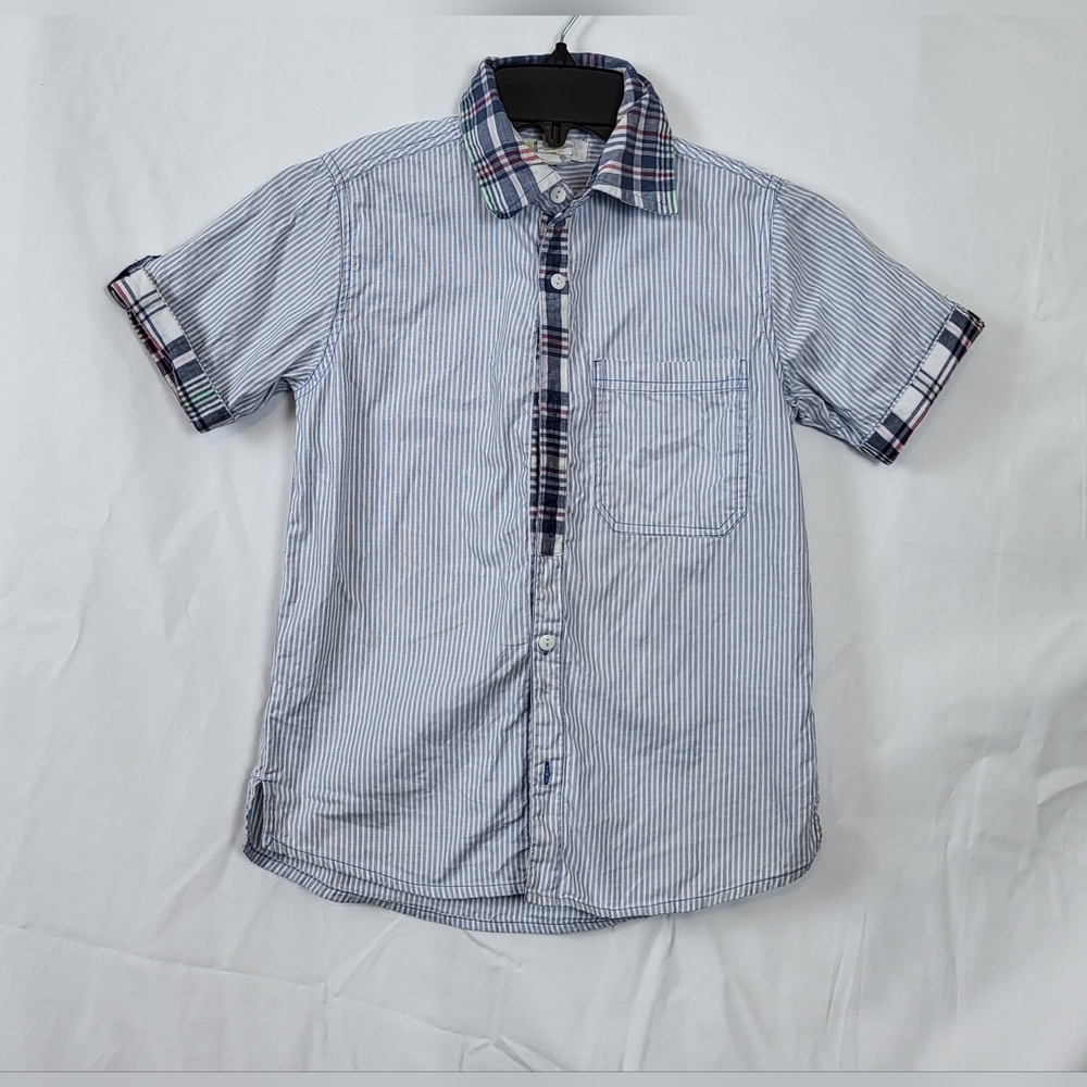 Masala Kids Boys Blue White Stiped Micro Dot‎ Short Sleeve Button Down Size 6Y